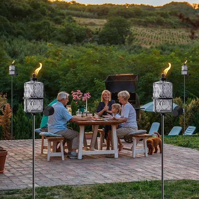 4 Pack Gray Glass Garden Torch 12 oz Outdoor Torch Garden Décor,60-Inch Upgraded Citronella Torches with 3-Prong Grounded Stake for Party Patio Pathway