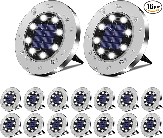 Solar Lights Outdoor 16 Pack, Solar Garden Outdoor Waterproof Pathway Lights Bright In-Ground Light Outdoor Lighting Decor for Lawn, Patio, Yard, Driveway, Step and Walkway White Light