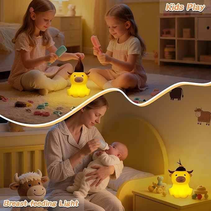 Highland Cow Night Light, Fluffy Cow Squisy Lamp for Kids, Soft Silicone Animal Nightlamp with 2 Levels Dimmable & 20 Mins Timer, Rechargeable LED Light Gifts for Baby Boys Girls