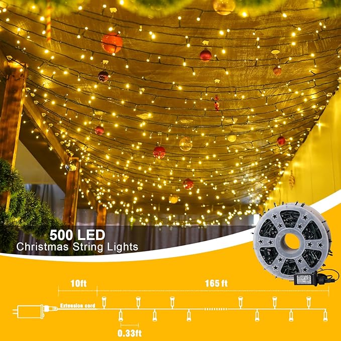 QITONG 500LED Warm White String Lights, 165ft Christmas Lights Outdoor Waterproof with Plug in, Green Wire Twinkle Lights Indoor wiht 8 Modes
