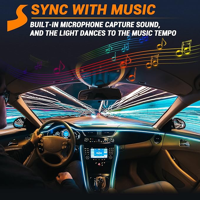 Interior Car LED Strip Lights 400 inches Fiber Optic tubing USB Powered RGB 8 in 1 Car Neon with Wireless APP and Remote Control, Ambient Lighting Kits 16 Million Colors,Sync to Music