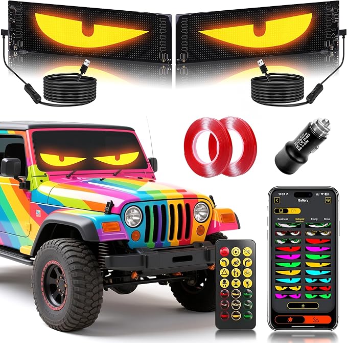 Devil Eyes Light Next-Gen 5800 Lux LEDs - CRILEAL Ultra-Bright Sync LED Display (14"x4.3") – APP/Remote Programmable for Scrolling Text & Animation – for Cars, Stores – USB Powered（2pcs）