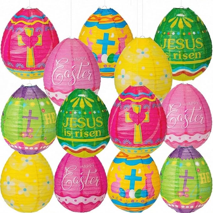Wenqik 12 Pcs Easter Egg Paper Lanterns Party Decorations 10 Inch Spring Colorful Flower Dot Decorative Ceiling Hanging Lanterns for Home Easter Birthday Party Supplies, 6 Styles(Christian)