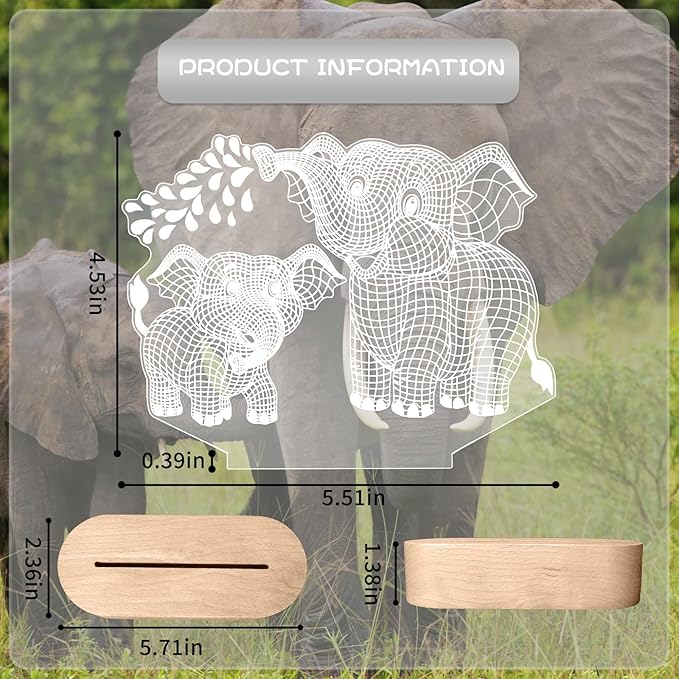 Elephant Shape 3D Crystal Acrylic Light with Wood Stand, LED Night Light for Kids Room Decor, Gift for Mom on Birthday or Holiday, Home Decor Art Display