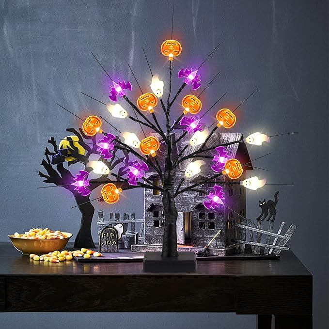 Mosoan 18 Inch Black Halloween Tree Light with 24 LED Pumpkin Bat Ghost Lights, Timer/USB/Battery Operated Halloween Lights, Indoor/Outdoor for Home, Table, Porch, Mantle, Party Decor