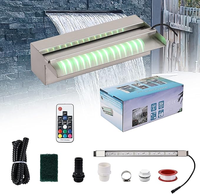 YUDA 12" LED Pool Water Spillway W/ 7 Color Changing LED Strip, Stainless Steel Pond Fountain Lighting for Sheer Descent PSC300