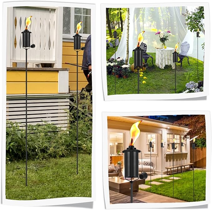 6 Pack Garden Torches, 16 oz Metal Torch for Outside with 3-Prong Grounded Stake, Outdoor Decorative Citronella Torches, 59 inch Garden Décor Torches