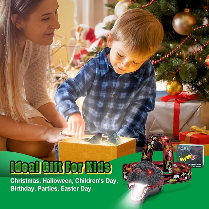 Dinosaur Headlamp for Kids Flashlight Rechargeable Led Headlights Roar & Silent Mode, T-Rex Dinosaur Toys for Kids 3-5 4-6 5-7 6-8, Camping Gear, Easter Gifts for Boys Girls Adults