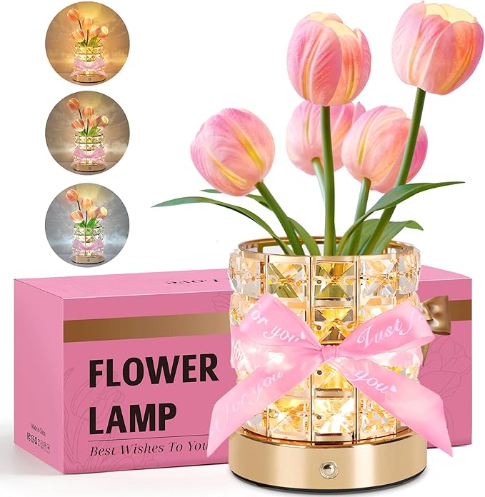 Tulip Flower Lamp, Mothers Day Gifts | USB Rechargeable Cordless Night Light | Touch Control | 3-Color Adjustable Dimming | Mothers Day Gift for Mom, Birthday Gift for Women, Home Decor