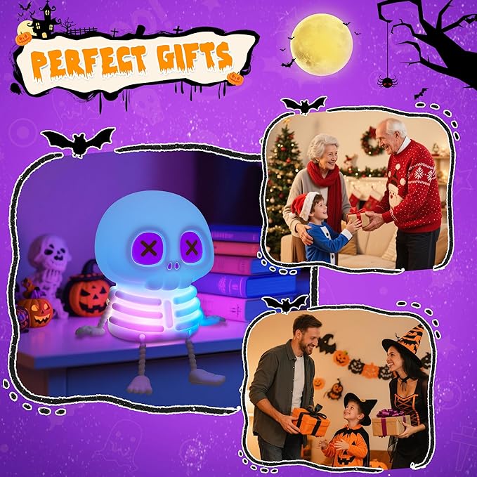 Skull Night Light, Cute Silicone LED Skeleton Lamp, Color Changing & Dimmable Helloween Room Decor, Squishy Cordless Rechargeable Nightlight, Bedside Light for Christmas Halloween Gifts