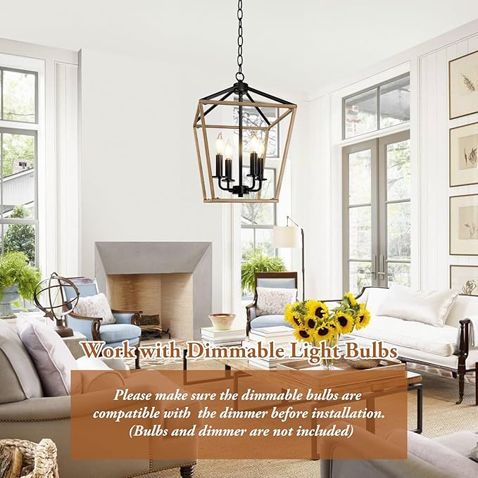 Farmhouse Chandelier 4-Light, Oak Wood Pendant Light Fixture for Kitchen Island Dining Room, Lantern Industrial Lighting Ceiling Hanging with Metal Cage Adjustable Height for Entryway Foyer