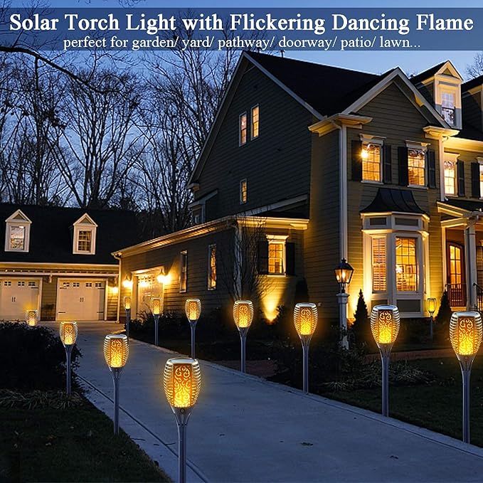 Solar Torch Light with Flickering Flame, Large Solar Fire Lights Outdoor, Landscape Decoration Lighting Security Tiki Torches for Garden, Pathway, Lawn, Auto On/Off Dusk to Dawn