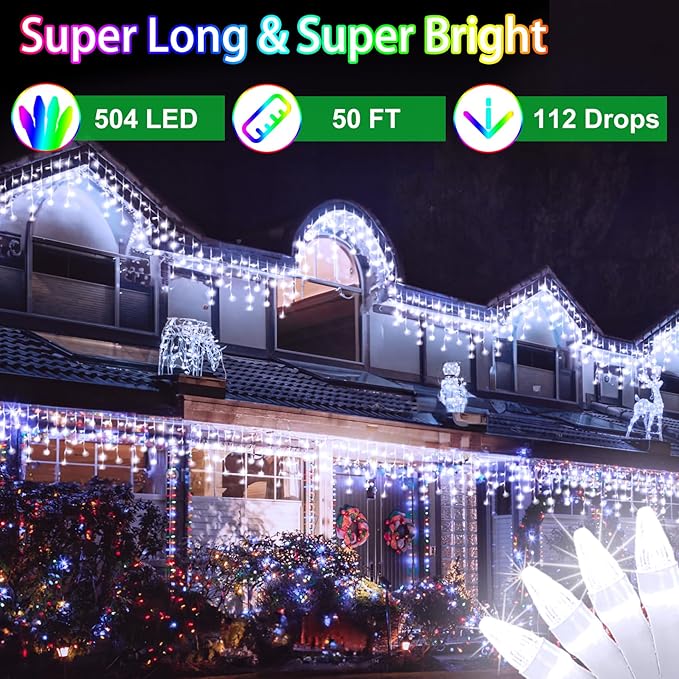 50FT 504 LED Outdoor Christmas Lights - 112 Ice Drops, 12 Pro Modes with Timer Memory & Brightness, Waterproof Hanging Ice String Light for Holiday Wedding Garden Fence House Decor (Cool White)