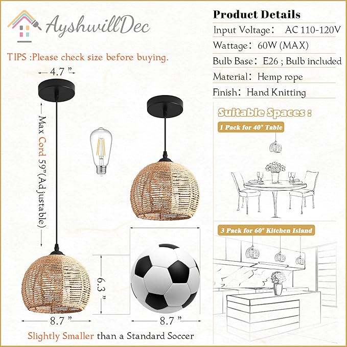 Mini Hemp Rope Woven Pendant Light Woven Light Fixture Boho Chandelier Light Fixture Wicker Pendant Light Rattan Light Pendant Dome Wicker Chandelier for Bedroom Kitchen Island(Bulb Incl.)