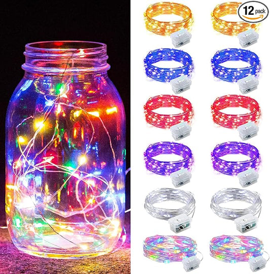 12 Pack Fairy Lights 7Ft 20 LED Twinkle String Lights Battery Operated Waterproof Firefly Starry for Mason Jar Party Wedding Christmas Valentines Day,6-Colors
