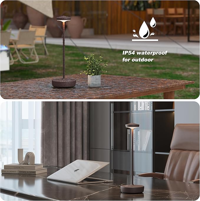 Cordless Table Lamp Rechargeable 2Pack - LED Battery Table Light with 3 Color Temperatures, Stepless Dimming, Waterproof Aluminum for Indoor Outdoor, Patio, Restaurant, Dinner (Rust)