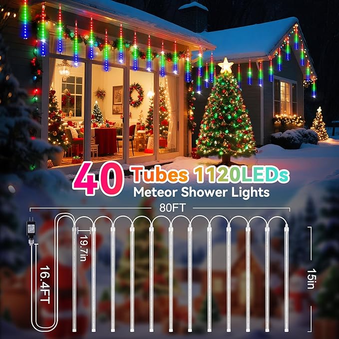 KNONEW 40 Tubes 1120 LED Meteor Shower Lights Christmas Lights Outdoor Plug in Waterproof Falling Rain Light for Xmas Tree Wedding Party Garden Holiday Rooftop Decorations (Multicolor)