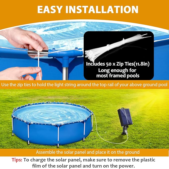 Solar Pool Lights for Framed Above Ground Pools, 56ft String Lights 150Bulbs, IP65 Waterproof Swimming Pool Accessories, Solar Powered with Charging Port, Remote 8 Modes, Outdoor Trampoline Camping