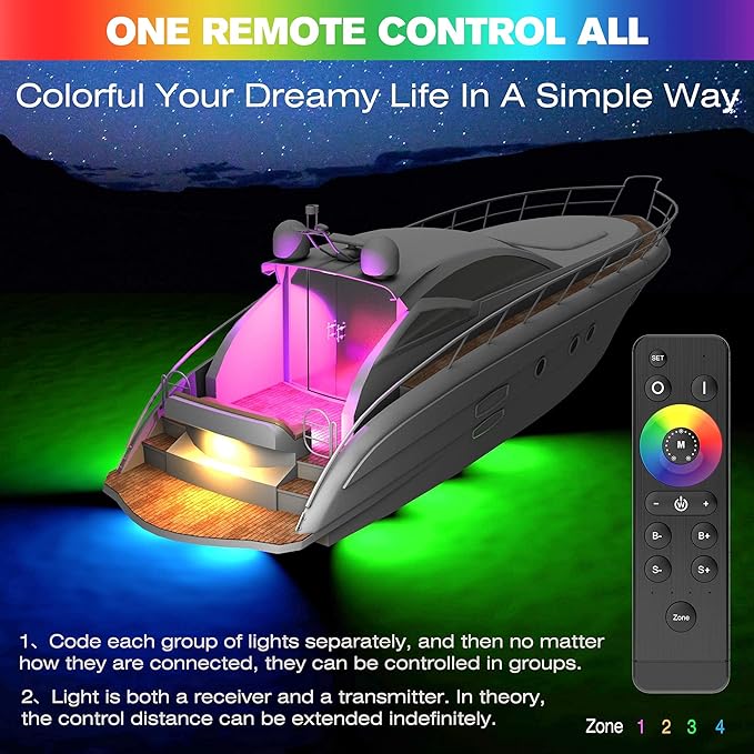 HUSUKU GT1 Underwater Boat LED Lights Marine Color Light Kit, 6.7" 2000LM RGB IP68 36LED 12V~24V 316 316 Stainless, Wireless Grouping & Control Auto Sync, Multi Color Light for Yacht Boat Deck Pontoon