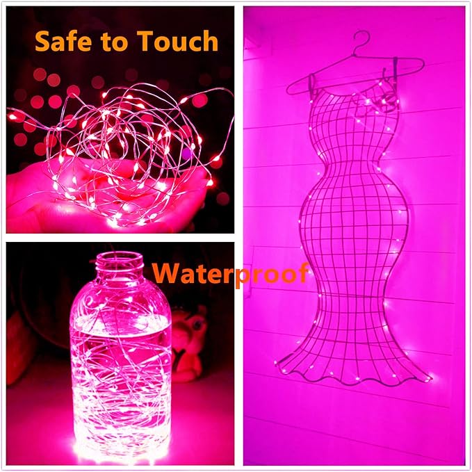 Valentine's Day Pink String Lights Battery Powered 7Ft 20 LED Waterproof Silver Copper Wire Fairy Lights, Diwali Halloween Christmas Home Party Wedding Girls Room Decorations-2Pack