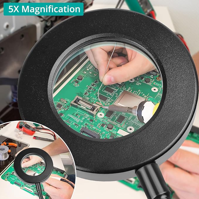 5X Magnifying Glass Desk Clip Light, 10 Brightness, 3 Color Modes, 5V/2A Adapter Included Clamp Light for Reading, Crafting, Close Work (Black)