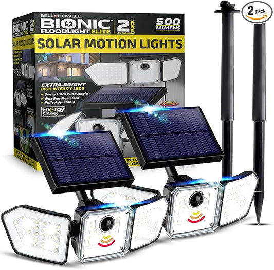 Bionic Flood Light 2 Pk Solar Lights Outdoor Waterproof, Ultra Bright 89 LEDs, 3 Heads Wide Angle Motion Sensor Outdoor Lights for Security, Wall, House, Spot Light, IP65 Waterproof – Stakes Included