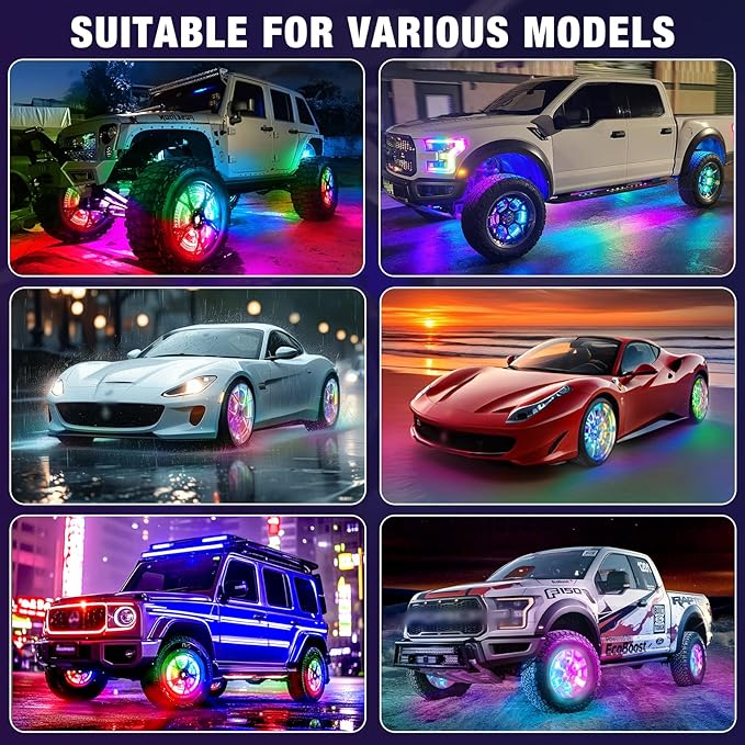 Tavaray 4PCS 17" Double Sided RGB LED Wheel Ring Lights with APP & Remote Control, 178+DIY Dynamic Modes w/Turn Signal Braking and Reverse Function Wheel Lights for Trucks Pickups Cars Offroad