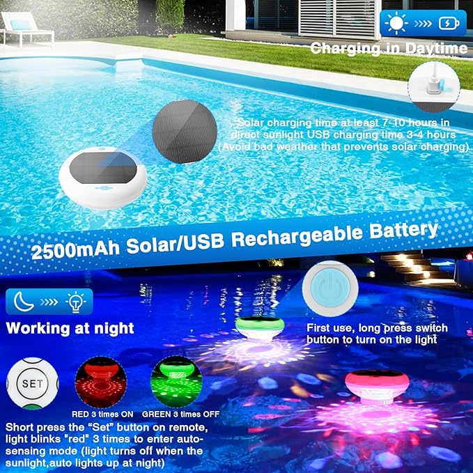 Solar Pool Chlorine Floater(4 Pack), Floating Pool Lights, 2600mAh 6.69” IP68 Waterproof Easy-Open Floating Chlorine Dispenser,13 Colors Adjustable Release Chlorine Floater Dispenser for 1" & 3"