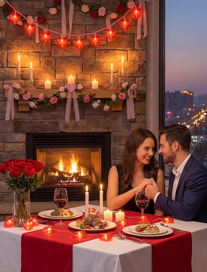 Valentine’s Day Red Heart String Lights, 12FT Plug-In Connectable Fairy Lights with 20 LED Glitter Heart Bulbs, Romantic Indoor Outdoor Decor for Wedding, Party, Window, Anniversary, Christmas
