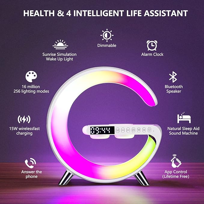 DEECOZY Multi Functional Wireless Charger Atmosphere Lamp, Intelligent Bluetooth Speaker LED Table Lamp,256 Lights Mode Dimmable Night Light Bedside Lamp Alarm Clock with Music Sync App Control(White)