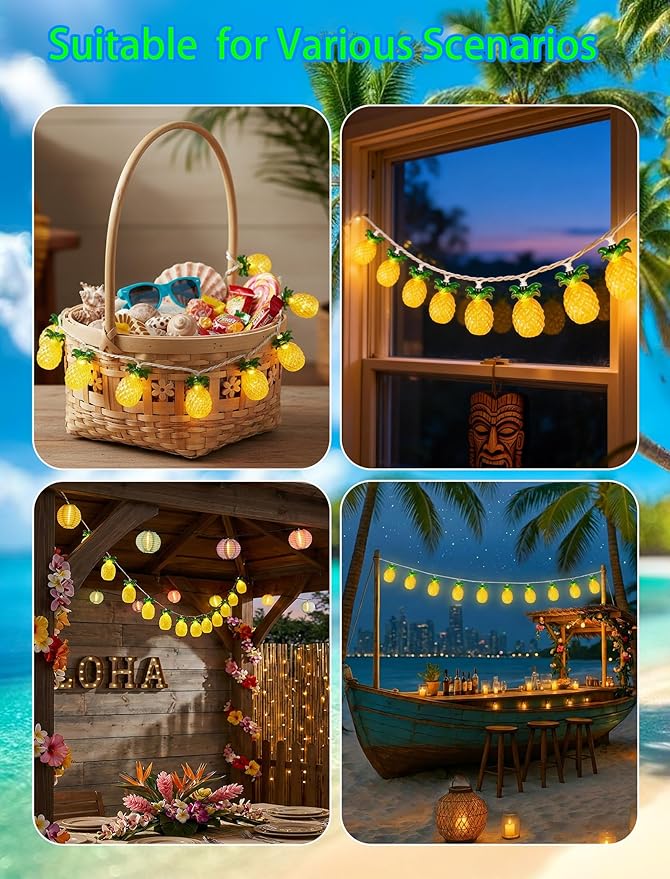 8.5Ft Luau Party Lights, 10L LED Pineapple String Lights Plug in for Indoor/Outdoor Home Table Christmas Tree Pergola Tiki Bar Aloha Hawaiian Tropical Party Decorations