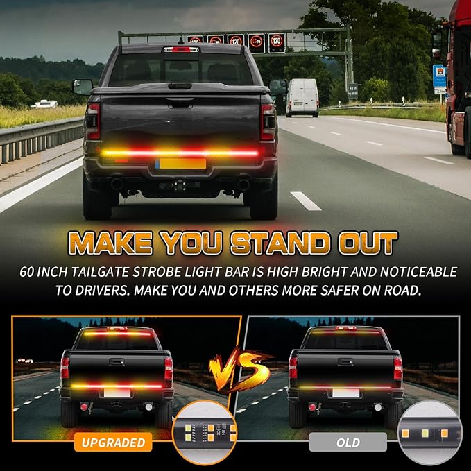 XRIDONSEN 48 inch Truck Amber Red Tailgate Strobe Lights Strip Rear Window Lights 288 LED Tail Emergency Light Bar Flashing Warning Hazard Safety for Plow Trucks Construction Vehicles Pickup Trailer