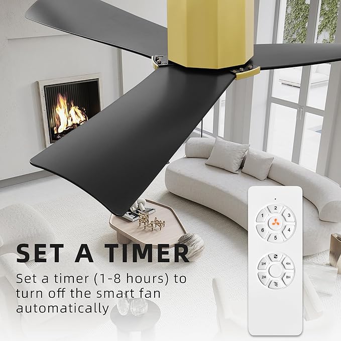 WINGBO 52" Ceiling Fan no Light - Brass and Black DC Flush Mount Ceiling Fan, 3 ABS Plastic Curved Blades, 6 Speed Reversible DC Motor, Hugger Ceiling Fans No Light for Kitchen, Bedroom, Living Room