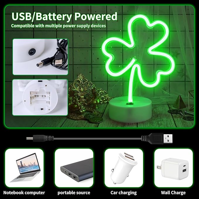 St Patrick's Day Shamrock Light - Patrick Party Neon Sign Decoration - Green Clover LED Night Light - USB or Battery Powered Table Lamp - Lucky Shamrocks Gifts for Kids - Decor for Window Room Bedroom