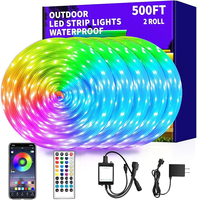 500ft Outdoor LED Strip Lights Waterproof,IP68 Outside Led Strips Waterproof with APP/Remote Control,Music Sync RGB Exterior Led Rope Lights for Bedroom Garden Parties（2 Rolls of 250ft ）