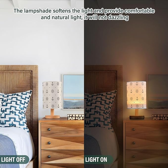 Anchor Wheel Polka Dot Nautical Retro Pattern Table Lamp with Wood Base Fabric Lamp Shade Bedside Nightstand Desk Lamp for Living Room Bedroom Kids Room Office