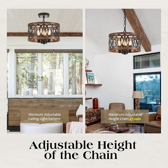 4-Light Farmhouse Drum Pendant Light,12.56'' Nature Wood Texture Vintage Rustic Chandeliers Black Metal Industrial Hanging Light Fixtures for Entryway, Bedroom Dining Room