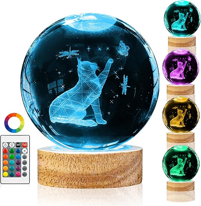 3D Cat Crystal Ball Night Light Cat Lover Gifts for Women 3.15 Inch Figurines Decor Lamp with 16 Color Wooden LED Base and Remote, Birthday Christmas Gifts for Boys Girls Kids