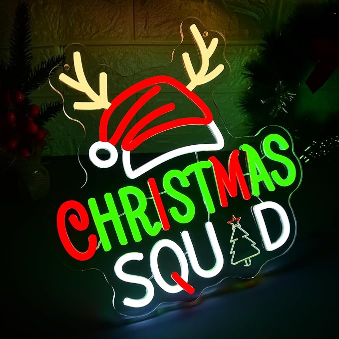Christmas Neon Sign for Wall Decor Dimmable Christmas Squad LED Neon Light for Party Bedroom Christma Decor for Window Shop Bar Reindeer Santa Hat Signs Festival Gifts for Kids Size 13.2*13in(GLNA002)