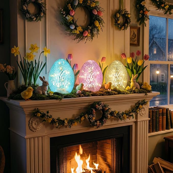 3 Pack Easter Egg Light Decorations, He is Risen Table Centerpiece Lights with Timer Mercury Glass Egg Lamps, Spring Easter Decorations Indoor, 6 Inch Lighted Eggs for Home Decor Battery Operated