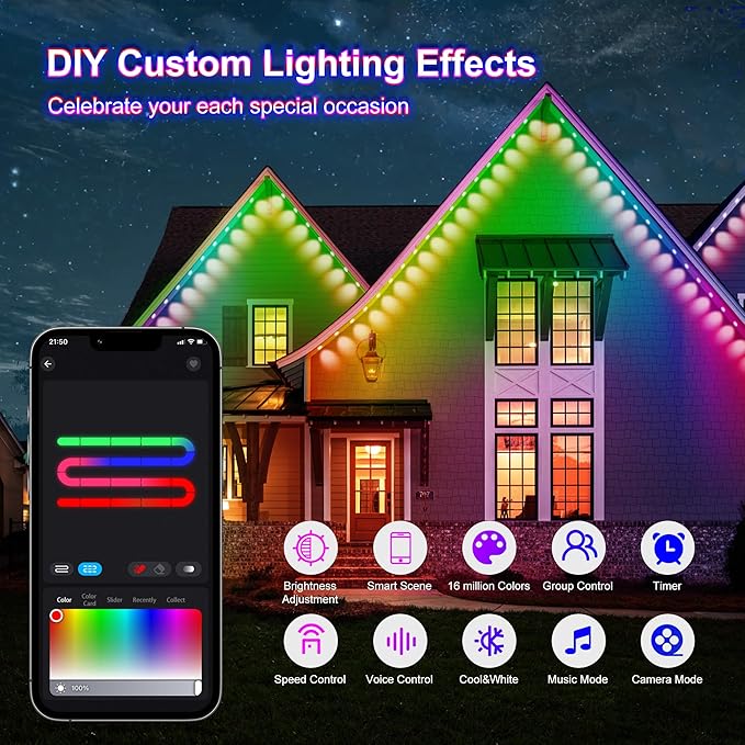 Permanent Outdoor Lights,50ft 36LEDs Eternity Lighting,RGB+IC Smart Eaves Light IP67 Waterproof,for Halloween, Christmas, Holiday, Party,Compatible with Alexa, Google Assistant
