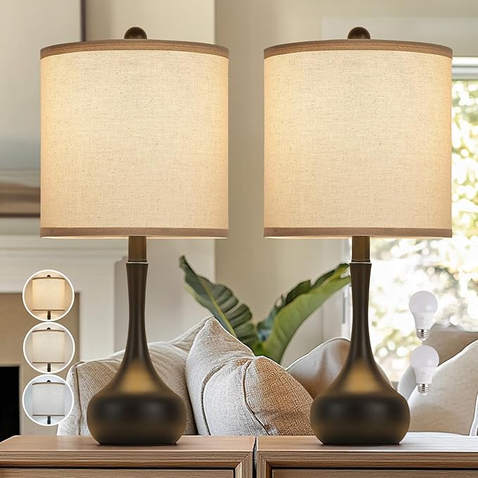 23" Modern Farmhouse Table Lamp Set of 2, Rustic Metal Bedside Lamps for Bedroom, Living Room, Office, Dorm - 3-Way Color Changing, Bulb Included, Home Decor