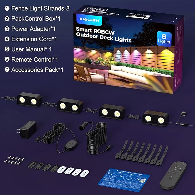 Outdoor Deck Lights, 8 Lights Smart Fence Lights Compatible with Alexa & Google Home, IP65 LED Patio Deck Lighting with Remote, Fence Lighting Music Sync for Patio Yard Garden(52.4ft)