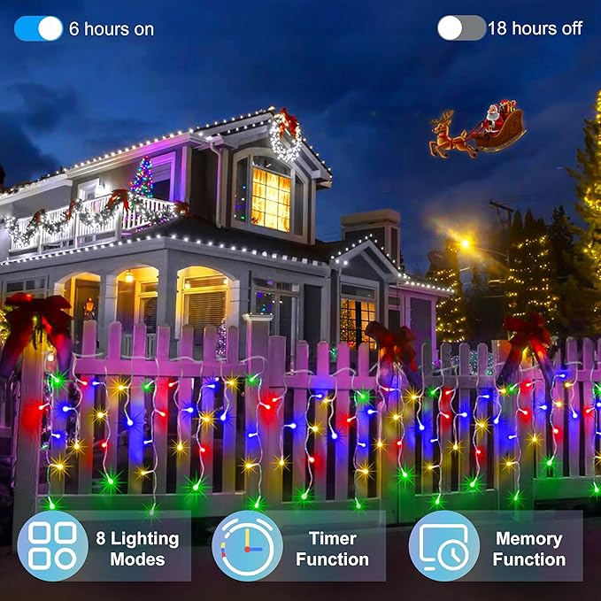 82 FT Outdoor Christmas Lights with 176 Drops, Christmas Decorations Fairy Lights 616 LED 8 Modes, Plug in Waterproof Hanging String Lights for Home Xmas Tree Yard Wedding Party Multicolor