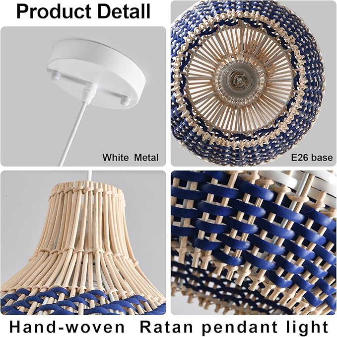 3-Pack Rattan Pendant Light,11In Blue White Hanging Light Hand-Woven Rattan Chandelier for Dining Living Bedroom Kitchen Farmhouse