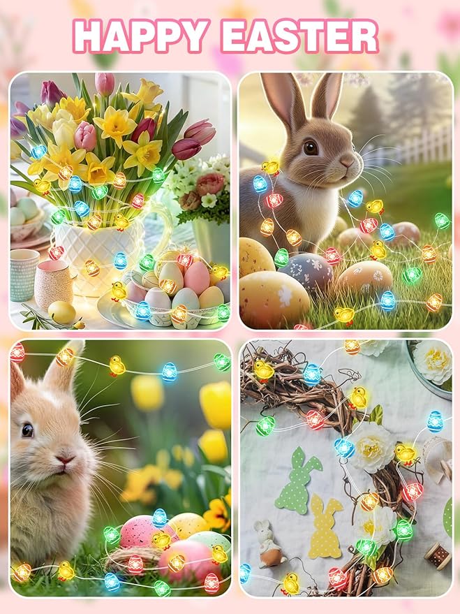 Easter Decoration Fairy Lights, 10 FT 30 LED Multicolor Eggs Chicken String Lights Battery Operated with Remote, 8 Modes Waterproof LED Light Mini Decor for Outdoor Indoor Easter Party Home DIY Decor