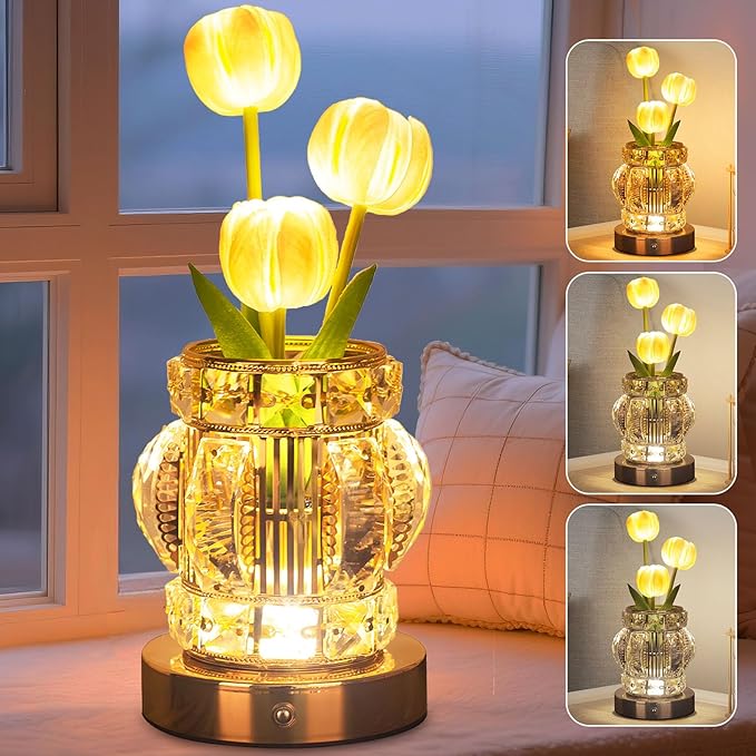Tulip Table Lamp, Rechargeable Cordless Touch Dimming Artificial Tulip Flower Desk Lamp, LED Crystal Lamp Flower Bedside Night Light, Romantic Gifts for Girl Women Mom (White - Tulip)