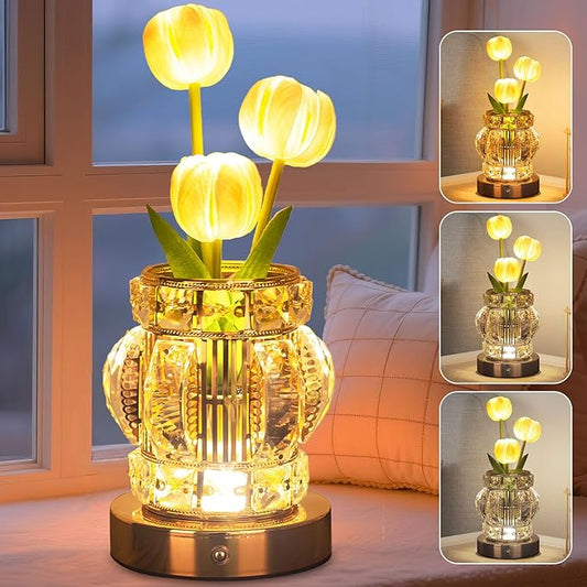 Tulip Table Lamp, Rechargeable Cordless Touch Dimming Artificial Tulip Flower Desk Lamp, LED Crystal Lamp Flower Bedside Night Light, Romantic Gifts for Girl Women Mom (White - Tulip)