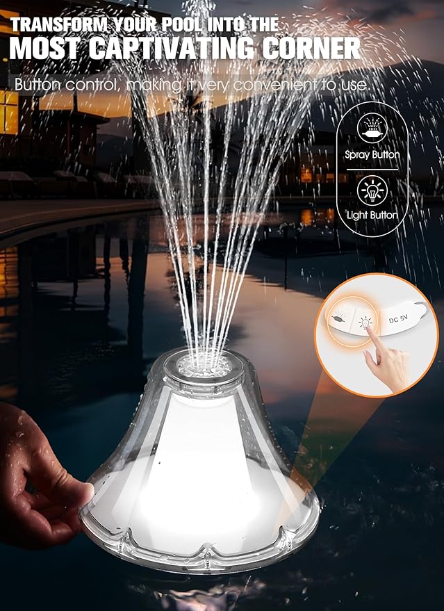 Bubbling Pool Fountain with Lights,Floating Pool Fountains with Anchor,Above Ground Pool Water Fountain Pump,Battery Powered Swimming Pool Floating Fountains for Inground Pool-1PC(White)