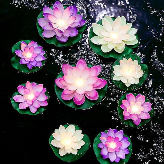 Hortsun 9 Pcs Floating Lotus Lights with Batteries Lily Pads Pool Flowers Floating Candles Decor Artificial Pond Plants Decorations for Pool Pond Outdoor Indoor (Pink,White,Purple,3.94/5.91 Inch)